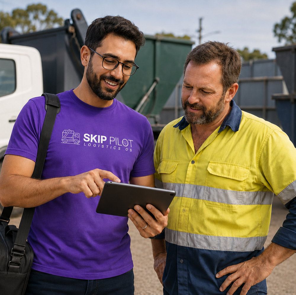A Skip Pilot team member in a branded shirt showing the app on a tablet to a skip bin operator in hi-vis, with bins and a hook lift truck in the yard behind them
