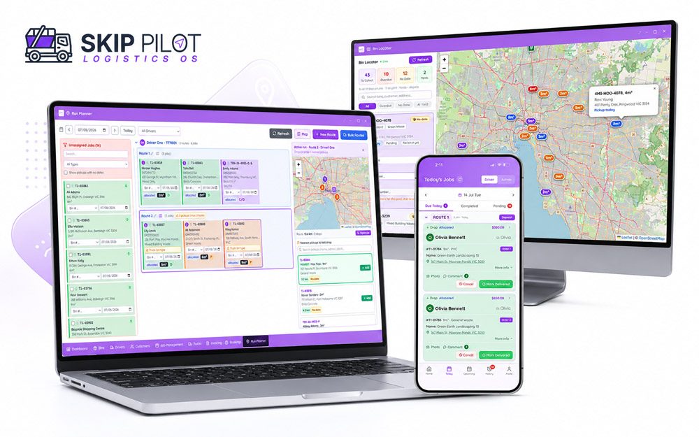 Skip Pilot skip bin software running on desktop and mobile, showing the day's jobs, driver runs and live bin locations