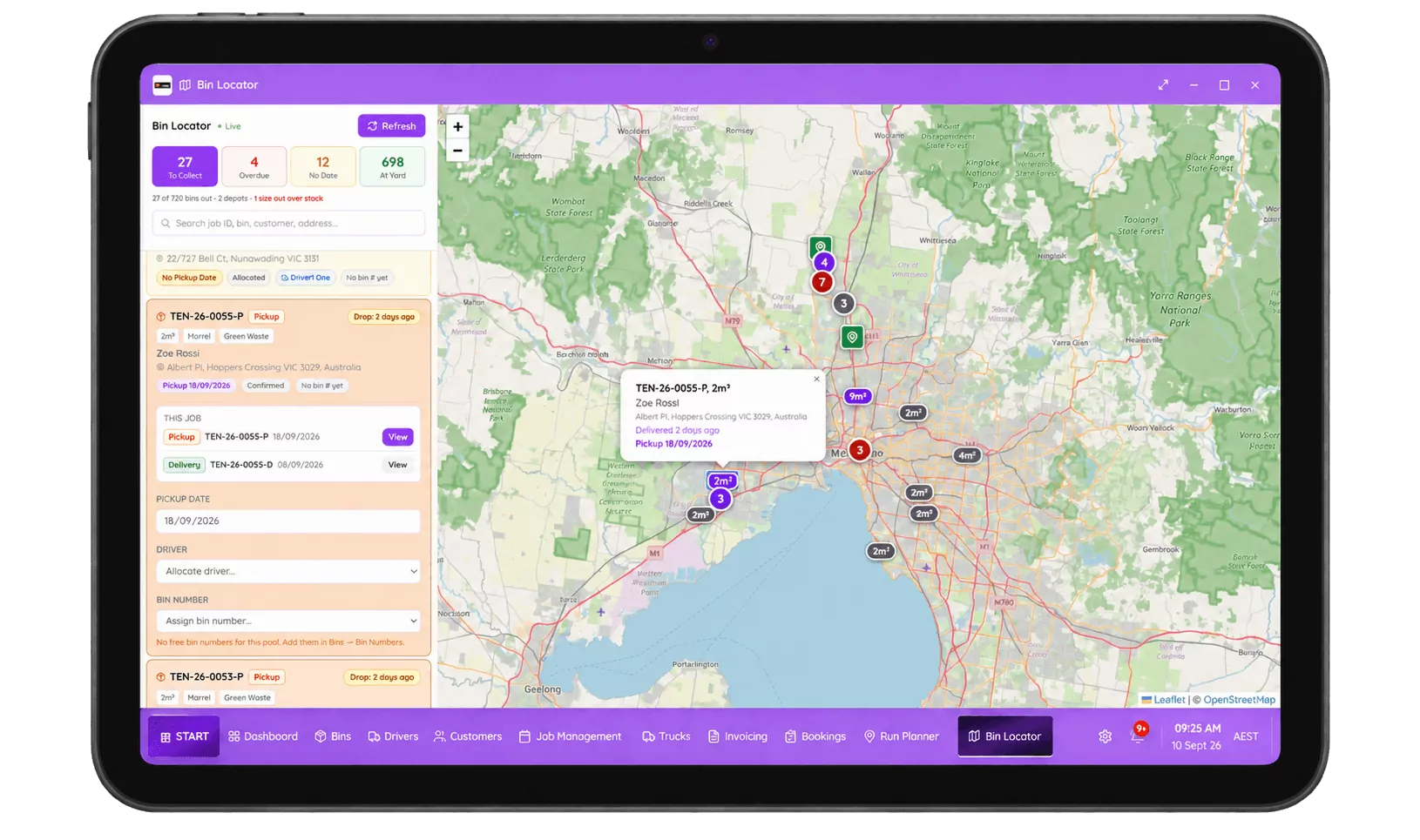 The Skip Pilot bin locator on a tablet: a map of Melbourne with every bin as a pin, a job list down the left showing pickup dates, drivers and bin sizes, and counters reading 27 to collect, 4 overdue, 12 with no date and 698 at the yard.