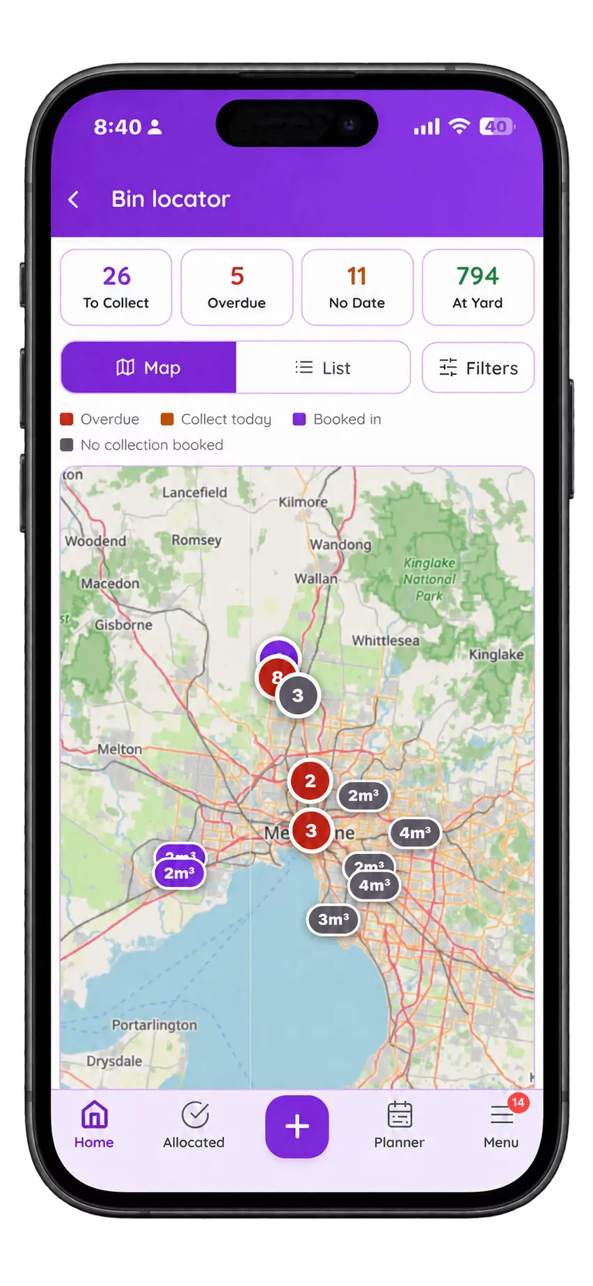 The Skip Pilot bin locator on a phone, showing a map of Melbourne with every bin on the ground as a coloured pin, and counters reading 26 to collect, 5 overdue, 11 with no date and 794 at the yard.