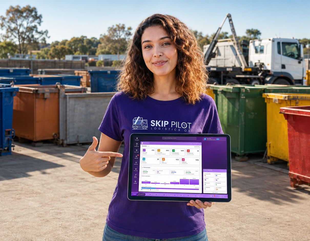 A Skip Pilot team member in a branded shirt holding a tablet running the Skip Pilot dashboard, standing in a skip bin yard with rows of coloured skip bins and a hook lift truck behind