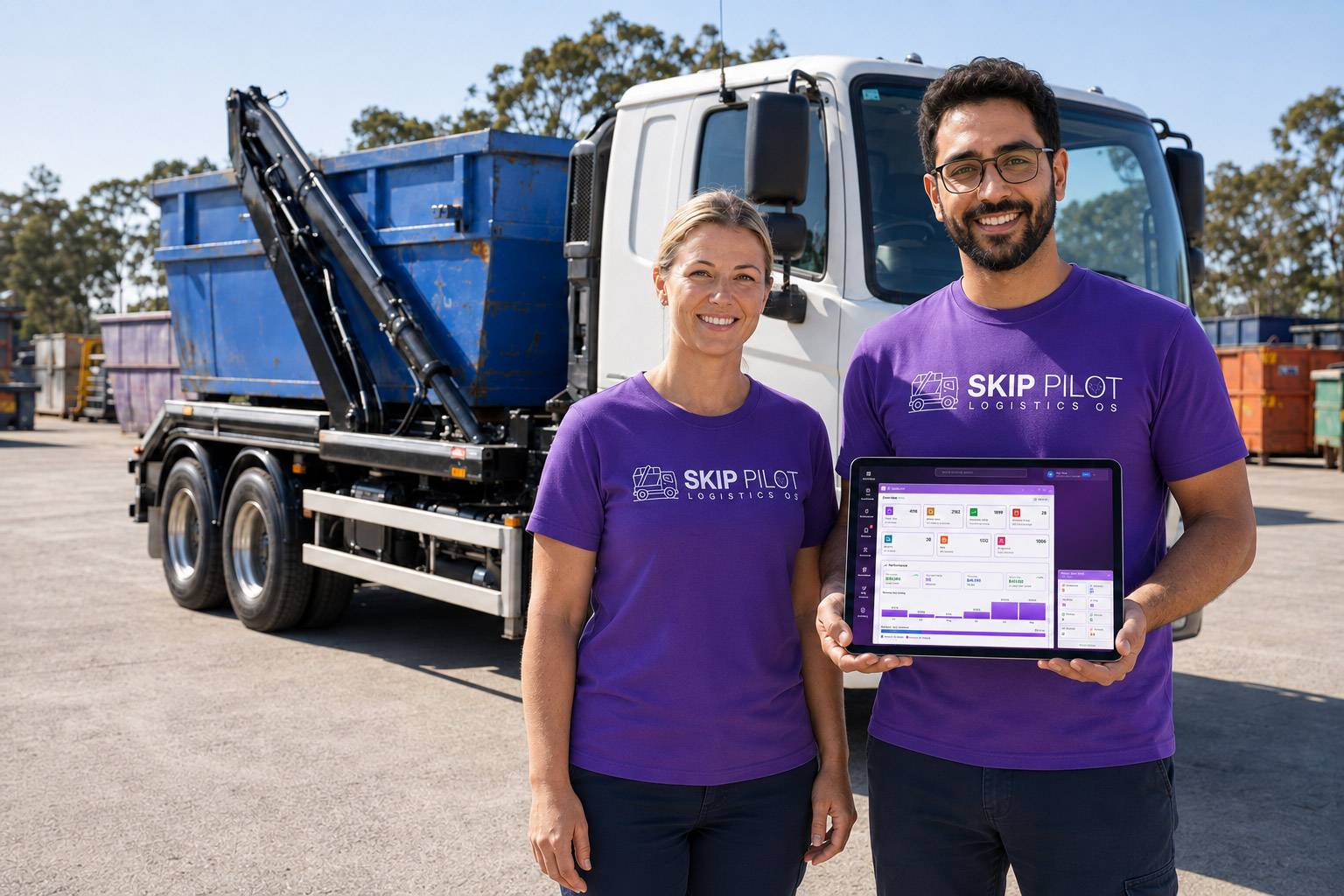 Two Skip Pilot staff in branded shirts standing in a skip bin yard, one holding a tablet showing the Skip Pilot dashboard, with a hook lift truck carrying a blue skip bin behind them